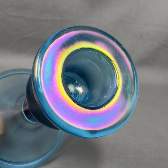 Vtg Central Glass Works Iridescent Blue Stretch Trumpet Candlestick Holders Glow - Picture 10 of 16